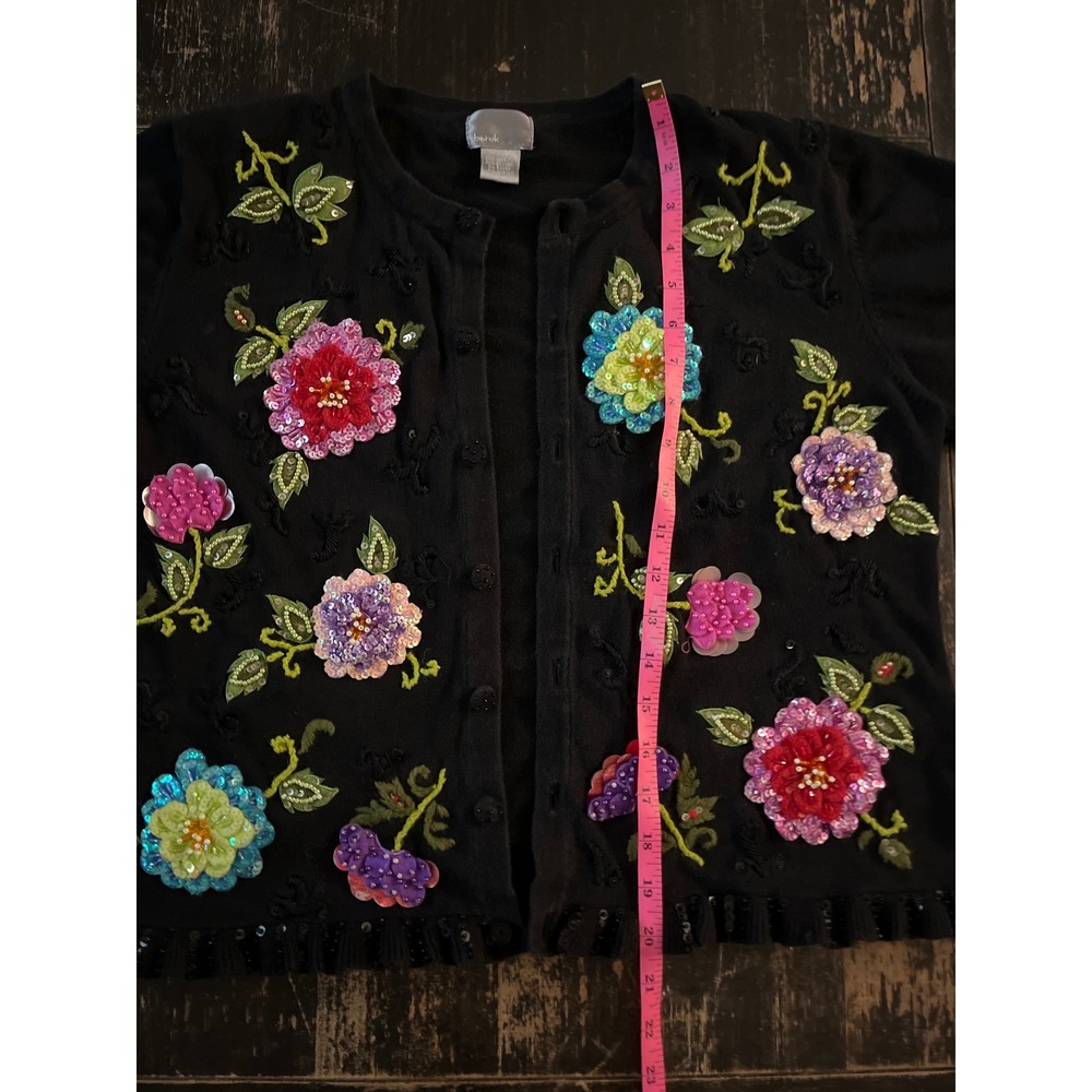 Vintage Berek Black Beaded Sequined Floral Cardigan Sweater Large grandmacore - Picture 6 of 8
